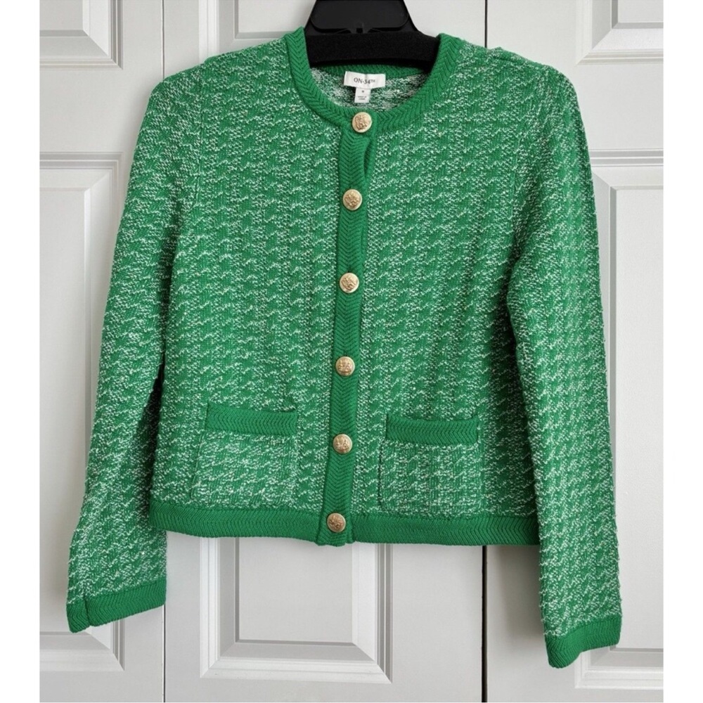 Chic Green Cardigan with Gold Accents XL